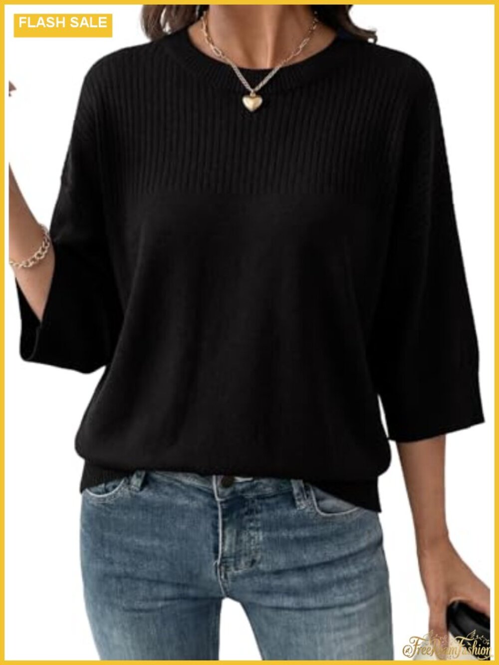 Womens 3/4 Sleeve Cropped Sweater Knit Pullover Top Spring Summer Fall